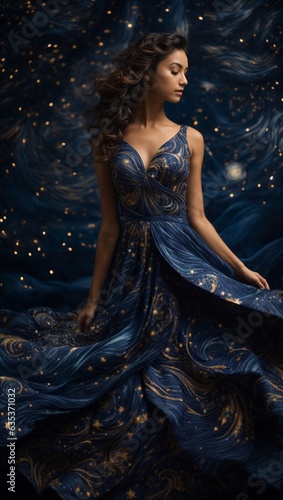 A woman in a blue dress standing in front of a night sky © Usman