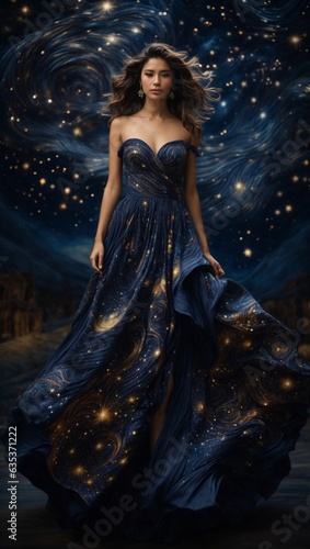 A woman in a blue dress under a starry sky