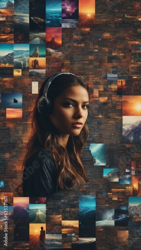 A woman with headphones standing in front of a colorful wall