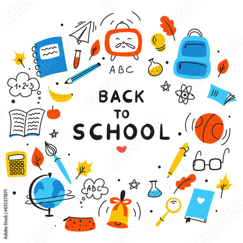 Background for school, school theme, school doodles, inscription in a notebook, training, lessons, time for training, Set of school tools, set of education icons, back to school