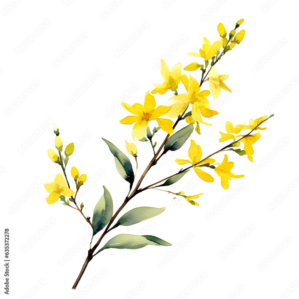 Branch with yellow flowers on white background