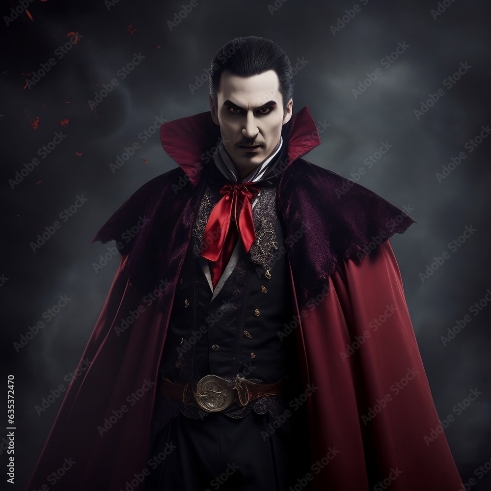 Embrace the Halloween spirit with this striking image. A man exudes intrigue in his classic Dracula costume, capturing the essence of the holiday in a haunting and captivating portrayal.