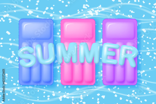 Pool with 3d objects, top view. Color air mattresses and 3D text SUMMER