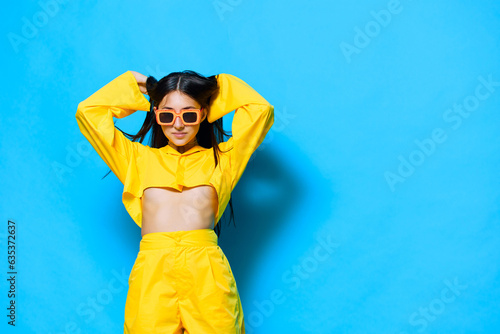 yellow woman cheerful sunglasses girl lifestyle attractive young trendy fashion beautiful
