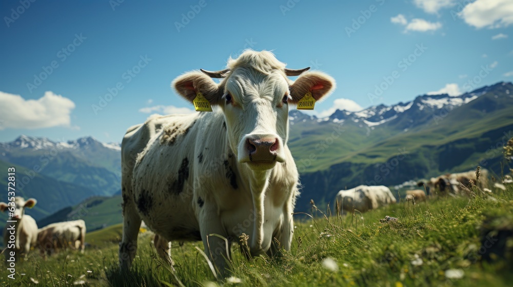 A cow is in front of a big green field with mountains around it, in the style of octane render, emphasis on facial expression, flickr, close - up, industrial and product design, ultra hd, frieke janss