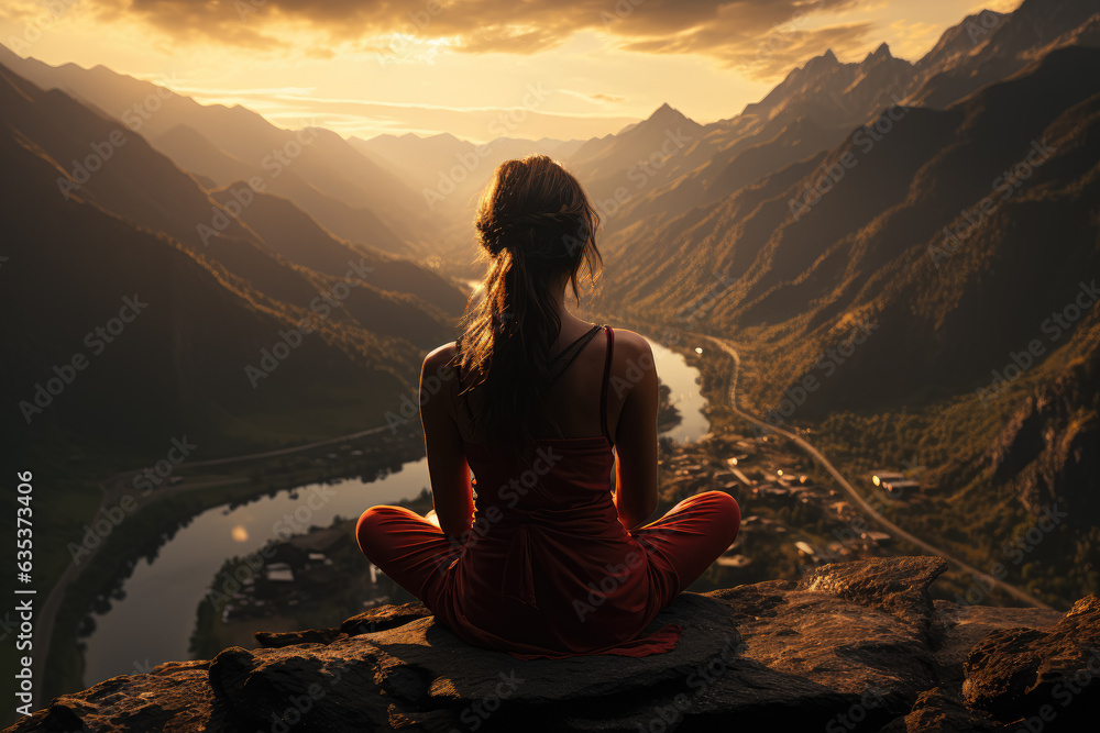 A person practicing yoga on a scenic mountaintop. Generative Ai.