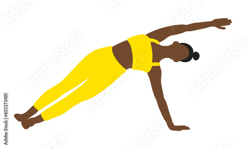 Flexibility yoga pose. African American female, lady, woman, girl with yellow track suit. Pilates, training, fitness, sport. Vector illustration in cartoon flat style isolated on white background.