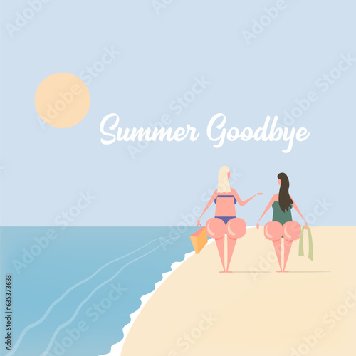 Summer goodbye concept illustration withTwo girlfriend with big booty walking on beach. Vector goodbye summer concept minimalistic illustration with woman , summer beach, ocean, sand and lighthouse.
