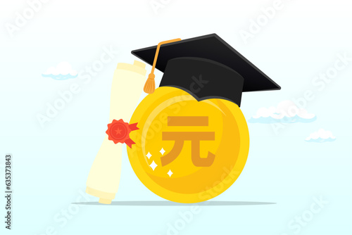 Yuan money coin with mortarboard graduation cap and certificate, education cost, tuition or scholarship, money for university or graduation, school expense or student debt, college diploma (Vector)