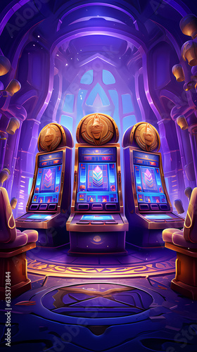 Illustration for casino slot games. Egyptian mythology. Anubis. Golden coins, purple background.