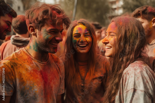 A group of friends celebrating the Hindi festival, with colorful powder covering their clothes and faces. Generative AI, AI.