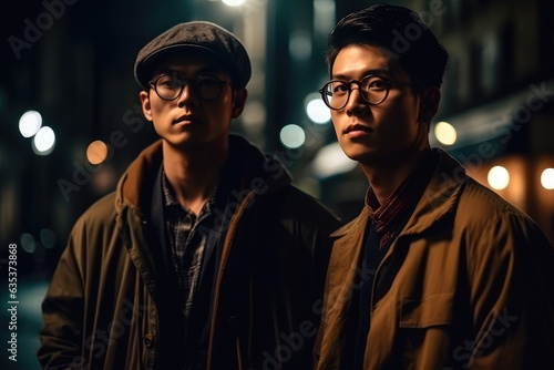 A photograph of two Asian individuals wearing glasses against the backdrop of a city skyline at night. Generative AI  AI.