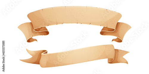 Parchment paper scroll ribbon, old vintage banner game ui element in cartoon style isolated on white background.