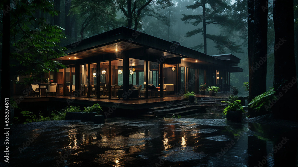 A photo of a villa at night, in the forest, in the rain, particles, soft-focus, shot on a Sony mirrorless, DSLR,wildlife photography A photo of a villa at night, in the forest, in the rain, particles, soft-focus, shot on a Sony mirrorless, DSLR,wildlife photography