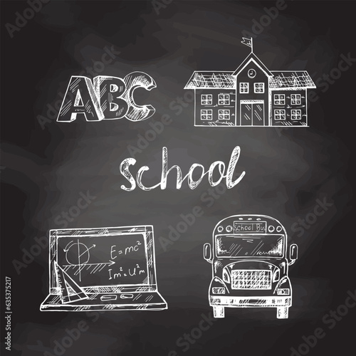 Back to School, hand drawn school sketch set. Doodle lettering and school object collection on chalkboard background. Education Concept. Back to School.