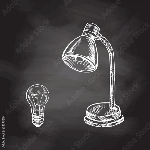 Vector hand-drawn school and office supplies Illustration. Detailed retro style table lamp and  light bulb sketch. Vintage sketch element on chalkboard background. Desktop.