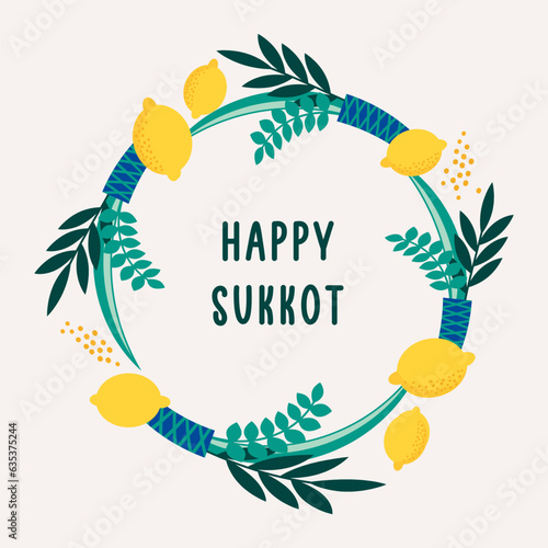 Happy Sukkot- template poster, banner. Jewish Feast of Tabernacles with sukkah, lemon, etrog, lulav, Arava, Hadas. Isolated on white background. Vector illustration.