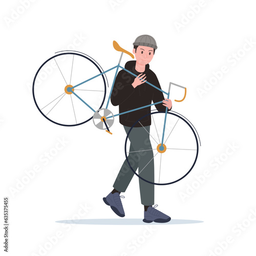 Bicycle theft vector illustration. Cartoon isolated male thief character in hoodie and balaclava hat stealing bike, man holding stolen bicycle to steal and carry, street robbery and illegal crime