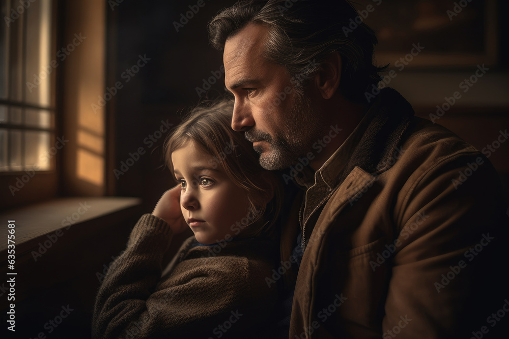Father's Day photo - A tender moment between a father and child captured with warm lighting and soft, muted tones. Candid and natural style to capture genuine emotions. Generative ai. Father's Day photo - A tender moment between a father and child captured with warm lighting and soft, muted tones. Candid and natural style to capture genuine emotions. Generative ai.
