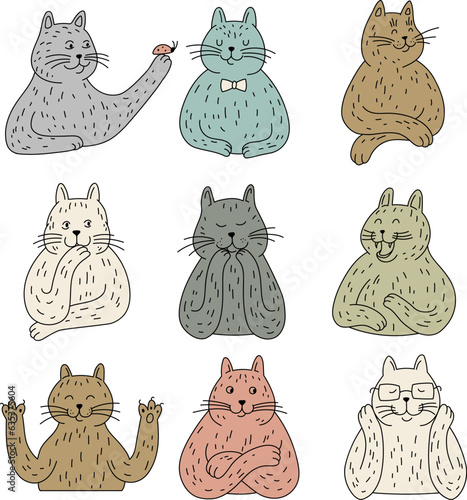 Doodle set of cute cartoon cats isolated on white. Hand drawn illustration for kids collection.