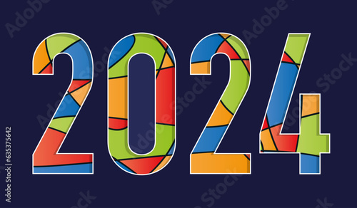 2024 écrit avec des formes géométriques de couleurs, rouges, bleues, jaunes et vertes sur un fond bleu.