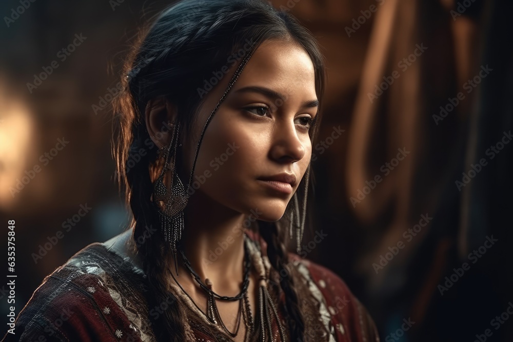 A stunning portrait of a Native American girl in traditional clothing, with warm, natural lighting highlighting her features and earthy tones complementing the natural setting. Generative AI, AI.