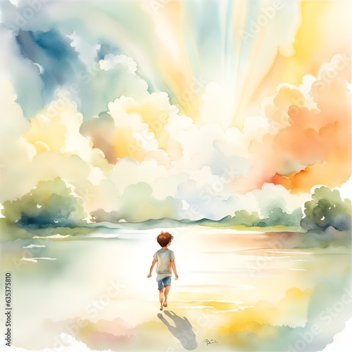 A child walks barefoot in a summer landscape towards colored clouds and bright sun. Watercolor drawing. Made with Generative AI