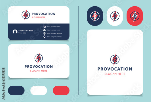Provocation logo design with editable slogan. Branding book and business card template.