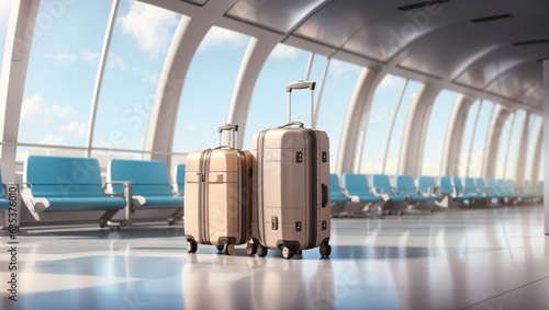 Travel concept background. Luggage at airport 3D Rendering, 3D Illustration