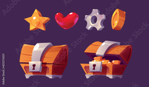 Gold and chest ui game vector icon element set. Casino cartoon interface pack with lock and open money box, heart, star, coin and gear settings. 2d fantasy online computer app isolated loot object