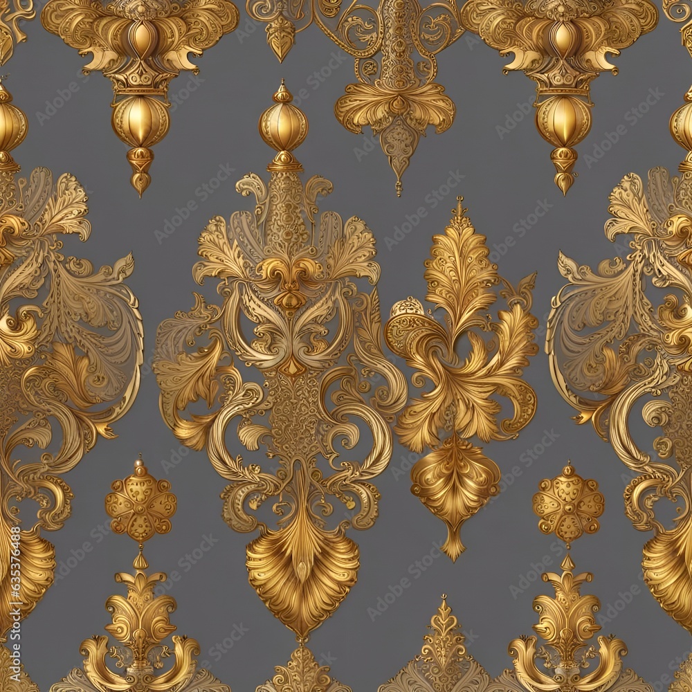 Magnificent royal golden natural ornaments on a gray background. Noble and antique. Made with Generative AI