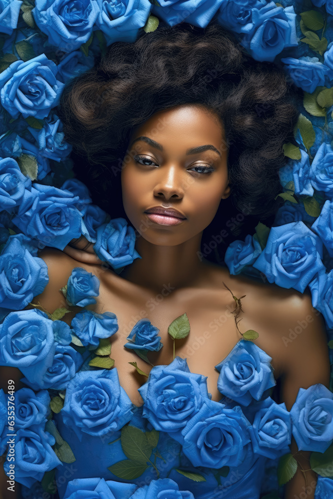 A stunning Afro-American woman lying on a bed of vibrant blue roses. Her radiant beauty is accentuated by the contrasting colors of the flowers. Generative Ai, Ai.