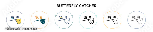 Butterfly catcher icon in filled, thin line, outline and stroke style. Vector illustration of two colored and black butterfly catcher vector icons designs can be used for mobile, ui, web