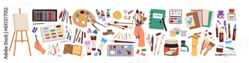 Art supplies, tools set. Paints palettes, brushes, pencil kit, pen, sketchbook, easel and canvas. Painters equipment, drawing stationery. Flat graphic vector illustrations isolated on white background