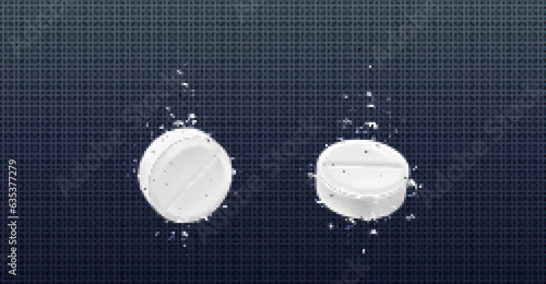 Effervescent aspirin tablet with underwater bubble. Fizzy white medicine vitamin isolated on transparent background. Paracetamol dose sparkling. Pharmaceutical solution from migraine to drink