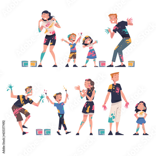 Happy Family in Color Paints with Stains on Clothes Having Fun with Kids Vector Set