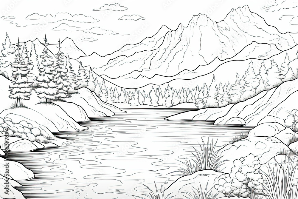 Mountain landscape with river and flowers coloring page. black and white lines