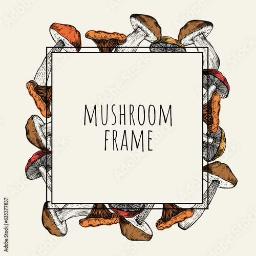 Hand sketched mushrooms design. Autumn forest trendy background. Perfect for recipe, menu, label, icon, packaging. Vintage mushrooms template. 