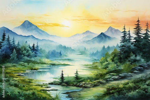 painted landscape of mountains, sunset and forest in watercolor photo