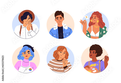 Young men, women, face portraits. Modern creative characters avatars in circles. Cool trendy fashion guys and girls, stylish user profiles set. Flat vector illustration isolated on white background