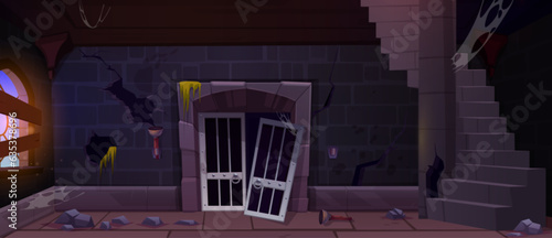 Abandoned game medieval castle prison dungeon cell background. Broken door and messy dark interior with stone on floor. Brick masonry wall with cage gate for punishment in tower scene illustration