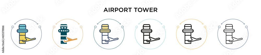 Airport tower icon in filled, thin line, outline and stroke style. Vector illustration of two colored and black airport tower vector icons designs can be used for mobile, ui, web