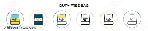 Duty free bag icon in filled, thin line, outline and stroke style. Vector illustration of two colored and black duty free bag vector icons designs can be used for mobile, ui, web