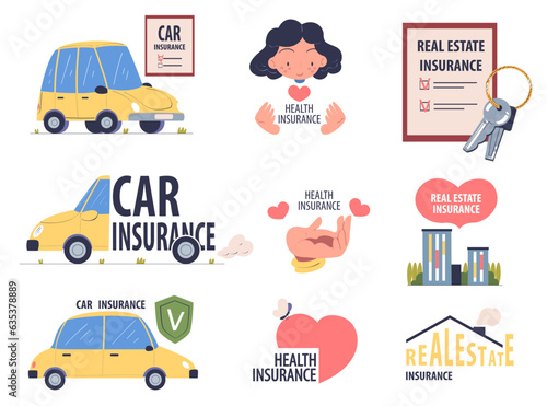 Insurance of Health, Car and Real Estate as Security and Protection from Loss Vector Set