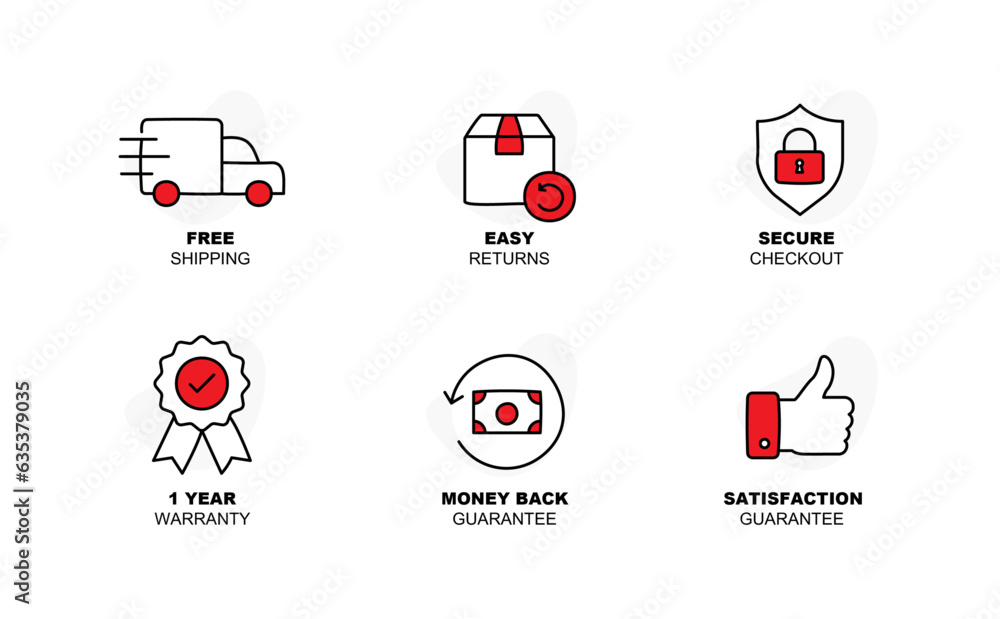 E-commerce Security Icon Set. Online shopping security Icons. Safe shopping online Icons. Worry-free shopping. Peace of mind shopping. Vector Icons. Fully Editable.
