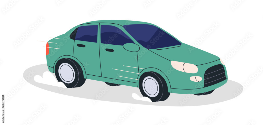 Car braking sharply suddenly in emergency. Auto skidding during sudden fast start and quick urgency stop. Automobile with smoke from tires wheels. Flat vector illustration isolated on white background Car braking sharply suddenly in emergency. Auto skidding during sudden fast start and quick urgency stop. Automobile with smoke from tires wheels. Flat vector illustration isolated on white background