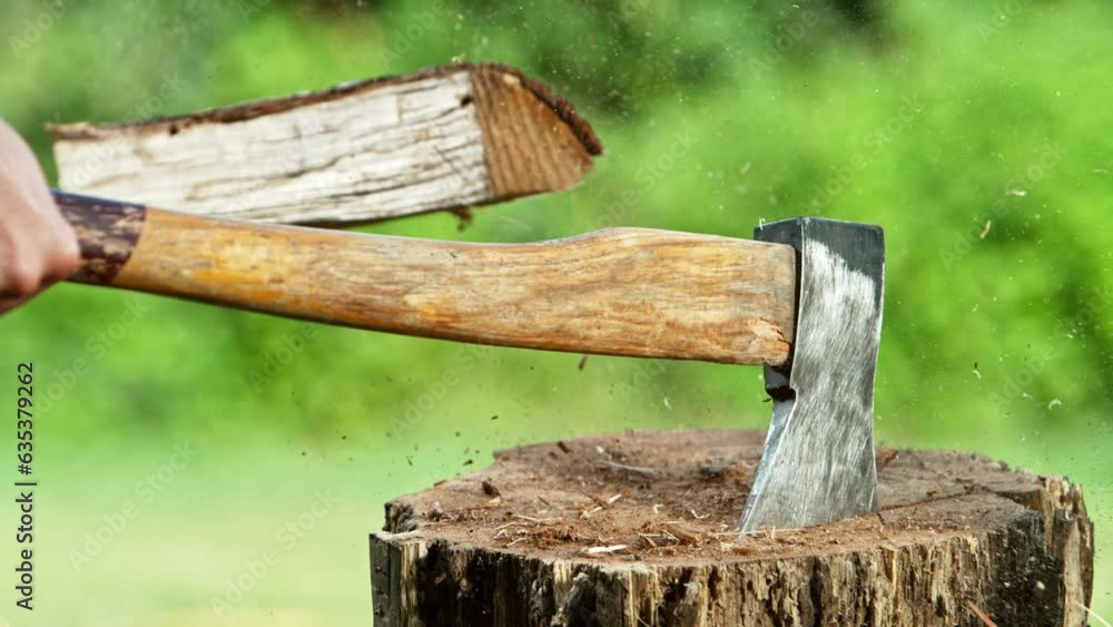 Super slow motion of chopping wooden logs with axe. Filmed on high speed cinema camera, 1000 fps. Speed ramp effect. Super slow motion of chopping wooden logs with axe. Filmed on high speed cinema camera, 1000 fps. Speed ramp effect.