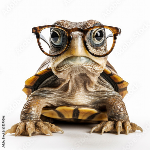 turtle wearing glasses on white background