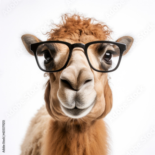 camel wearing glasses on white background