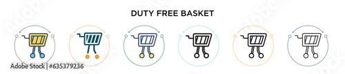 Duty free basket icon in filled, thin line, outline and stroke style. Vector illustration of two colored and black duty free basket vector icons designs can be used for mobile, ui, web
